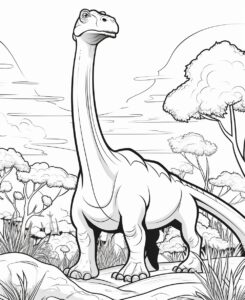 coloring page for kids, Brachiosaurus, cartoon style, low detail,thick lines, no shoding --ar 9:11