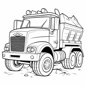 kid's coloring book, [dump truck], cartoon, thick lines, black and white background --style raw