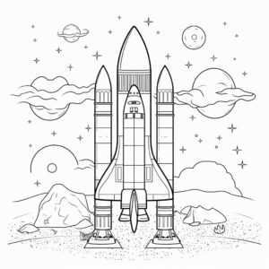 astronomy and space exploration coloring page. Black and white, thick lines, no shadow, no background, no grey. Space rockets