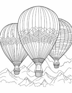 adult coloring page of hot air balloons with amazing patterns, simple line art with black outlines, high detail, black and white, large thick lines, with mostly positive space between shapes, simplified shapes --ar 17:22