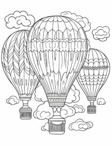 adult coloring page of hot air balloons with amazing patterns, simple line art with black outlines, high detail, black and white, large thick lines, with mostly positive space between shapes, simplified shapes --ar 17:22