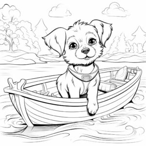 Coloring page for kids, dog in a boat, cartoon style, thick lines, low detail, no shadow, no coloring