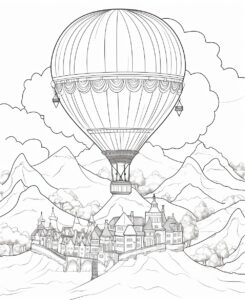 A coloring page for children age 6-8, Fantasy: Magical lands, kids floating in a dreamy hot air balloon, beautiful landscape with magical floating islands, dreamy, child-friendly, coloring book, white background, black lines, no shading, black and white, no shading, --ar 9:11 --style raw