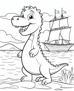 A coloring page for children ages 3-5, simplified, one subject, continous line drawing, a cute dinosaur with a boat in the background, thick crisp detailed lines, minimal white background, black and white, --no shading --ar 9:11 --style raw