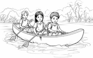 kids on a canoa on a river realistic coloring page for kids, line art style with thick black bold lines and white background --ar 16:10