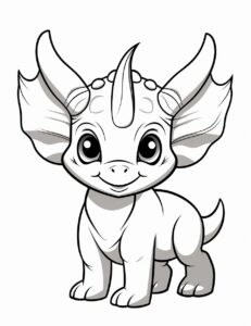 Ilustrate a charming and simple black and white coloring page of a Triceratops Known for her three horns and sweet nature, Tina is everyone's buddy. Employ a minimalist in cartoon style and clean lines for this full-page line art making it an ideal coloring activity for 3-6-year-old kids. --ar 85:110