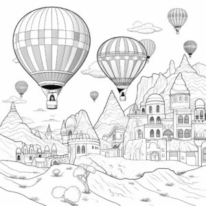 Black and white coloring page for kids, cappadocia hot air balloons, cartoon style, thick lines, low detail, no shading