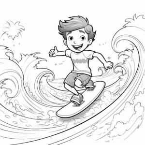 Black and white coloring page for kids, surfing adventure, cartoon style, thick lines, low detail, no shading