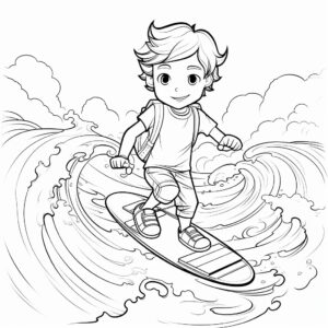 Black and white coloring page for kids, surfing ride, cartoon style, thick lines, low detail, no shading