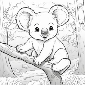 cartoon style coloring book page, koala, black and white, clean