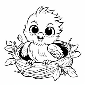 coloring book for kids, simple clean line art, no background, black and white, cute fluffy adorable Baby bird sitting in nest,--no shading,--ar 2:3