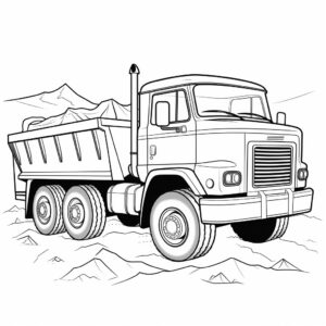 coloring book for little kids, simple clean line art, black and white, dump truck is unloading dirt, no shading--ar9:16