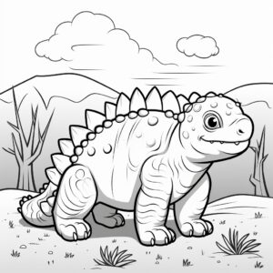 Create a line art illustration of Ankylosaurus in cartoon style. Use thin lines to outline the dinosaur's shape and features. Leave the design uncolored, so it's ready for coloring. The dinosaur should be friendly and approachable, perfect for children to color in