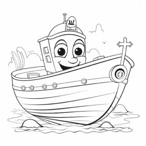 Coloring page for kids, for painting, black and white, a cute boat with eyes and mouth, cartoon style, thick lines, low detail, no shadows