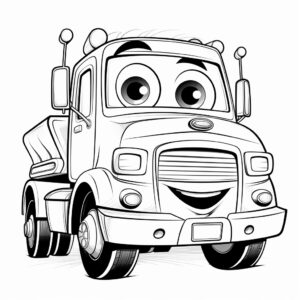 Coloring page for kids, for painting, black and white, a cute truck with eyes and mouth, cartoon style, thick lines, low detail, no shadows