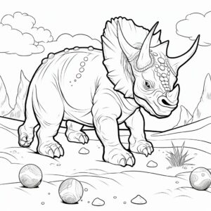 Coloring page for kids, thick lines, low detail, no shading. Realistic, triceratops con dos cuernos, jugando con una pelota. De fondo un nido con huevos.