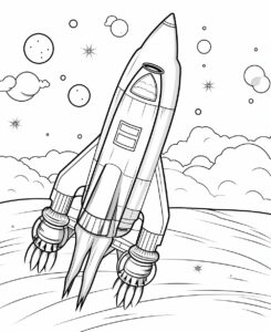 kids coloring page, rocket ship blasting off to space, cartoon style, thick lines, low detail, no shading --ar 9:11