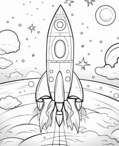 kids coloring page, space scene with rocket and stars, cartoon style, low detail, no shading, thick lines --ar 9:11