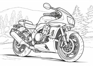 motorbike of sports type on landscape, coloring page for kids, on white background ::1.5 coloring page, outline ::0.5 , gradients ::-1 , side view, thick lines, low detail, black-and-white outline ::1 --no watermark, border, shading --ar 7:5