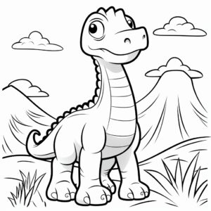 ****Blank coloring page with simple outlines, Minimalist, black and white, simple, cute long neck dinosaur, strong outline, no fill, no solids, No dither, no gradient, easy to color, simplistic cartoon, child-friendly, less detail*