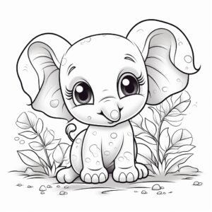 coloring page for kids, elephant , kawaii style, thin line, no shadowing