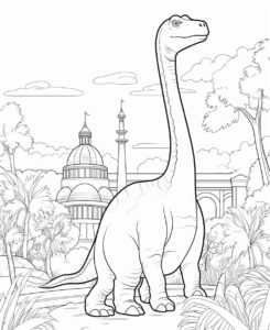 cartoon brachiosaurus in a zoo, black and white illustration, coloring page on white background, line drawing style --ar 9:11 --stylize 50