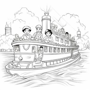 a coloring page for children, children adventures, boys and girls riding an old fashion steam boat, cartoon style, black and white, low detail, no shading, clean line ar 9:11