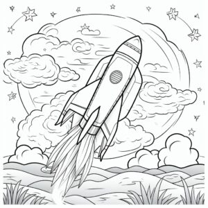 Rocket Launching into the Starry Sky for coloring book.