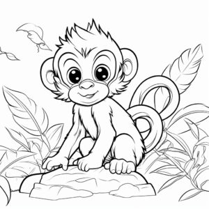 coloring page for kids, one baby monkey, low details, picture concentrated in the middle of a page, cartoon style, thin lines, no shading