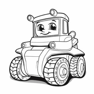 coloring book for kids, line art drawing, cute bulldozer character, white background, thick lines, minimalist, happy, 4k