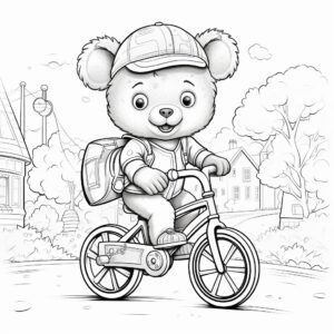 coloring page for kids, cute teddy with bicycle, black and white, thick lines, cartoon style, no shading--ar8.5:11