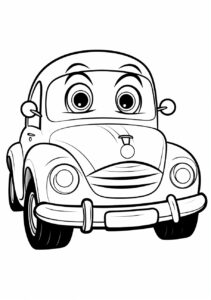 a printable black and white coloring page for kids, cute car, round shape, no shading, simplified, vector image, black lines, no fill, line art, fit to page, --ar 210:297 --stylize 50