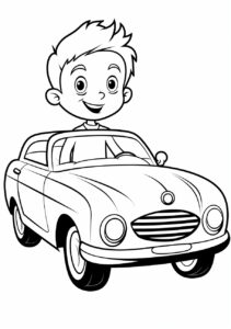 a printable black and white coloring page for kids, cute car, round shape, little boy, no shading, simplified, vector image, black lines, no fill, line art, fit to page, --ar 210:297 --stylize 50