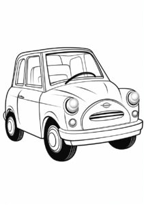 a printable black and white coloring page for kids, funny cartoon style car for kids, white space around it, no shading, simplified, vector image, black lines, no fill, line art, fit to page, --ar 210:297 --stylize 50