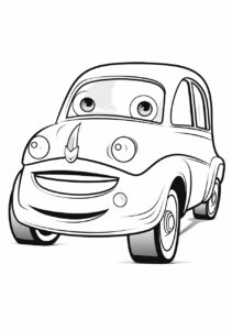 a printable black and white coloring page for kids, funny cartoon style car for kids, white space around it, no shading, simplified, vector image, black lines, no fill, line art, fit to page, --ar 210:297 --stylize 50