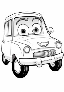 a printable black and white coloring page for kids, funny cartoon style car for kids, white space around it, no shading, simplified, vecotr image, black lines, no fill, line art, fit to page, --ar 210:297 --stylize 50