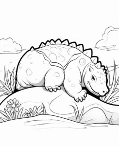 coloring page for kids, Ankylosaurus sleeping, cartoon style, thick lines, low detail, simple and clean line for small kids no shading --ar 9:11