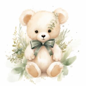 Watercolor cottagecore a very cute white teddy bear with bow, flowers and plants, in the style of dreamy atmosphere, nursery painting, watercolor, fairycore, lovely, detailed foliage, beige and green color, png, soft gradient beige background