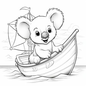 coloring paper for kids, cute koala sailing, cartoon style, thick black lines, crisp white backround, low detail--ar 9:11