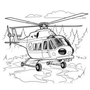 coloring book for kids, black and white, cartoon, simple, fire helicopter with water bucket