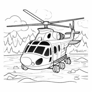 coloring book for kids, black and white, cartoon, simple, fire helicopter with water bucket