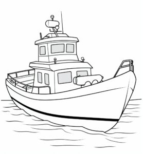 coloring page of cartoon simple Dive Boat With a caption, in the style of gerd arntz, simple line drawings, doug hyde --ar 59:64 --style raw --stylize 50