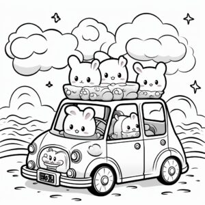 coloring page for kids, Tiny bunnies riding in mochi donut bummer cars, in the style of graphic black outlines, painted illustrations, cute cartoonish designs, clean-lined, landscapist, tiny creature designs, whimsical designs, stress relieving patterns, minimalist style, no shading ar--9:11