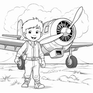 coloring pages for kids, airplane school, happy boy, cartoon style, thin lines, low details, black and white, no shading ar 9:11