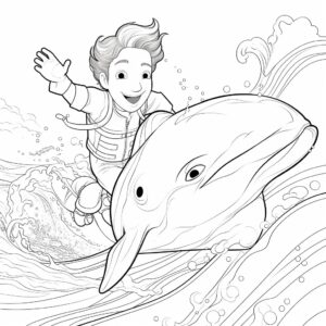 coloring page for kids, a boy is afraid to swim, but when he meets Delfi, a playful dolphin, he gains confidence in the water, cartoon style, thick lines, low details and no shading ar 9:11