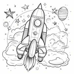 black and white coloring book, cute spaceship