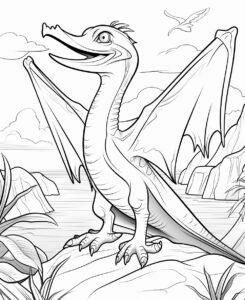 coloring page for kids, Pteranodon , cartoon style, thick line, low detailm no shading --ar 9:11