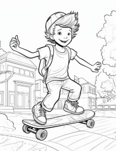 Coloring pages for kids, boy skateboarding, cartoon style, thick lines, low details, no color, black and white, no shading --ar 85:110