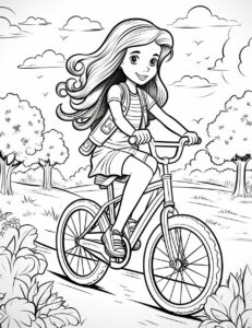 Coloring pages for kids, girl riding bike, cartoon style, thick lines, low details, no color, black and white, no shading --ar 85:110