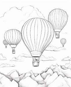 coloring page for adults, black and white, A group of hot air balloons taking flight, no shading --ar 9:11